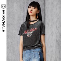 马克华菲女装短袖T恤2020春新款韩版圆领银灰色时尚休闲上衣潮