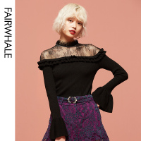 马克华菲女装2020新款薄款修身弹力针织衫蕾丝性感打底衫