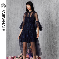 马克华菲女装藏青纱网透视拼接长裙显瘦连衣裙低调礼服