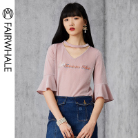 马克华菲女装2020夏新T恤女时尚亮丝喇叭袖v领上衣打底衫