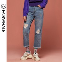 马克华菲女装2020春新款牛仔裤女水洗磨白破洞牛仔裤