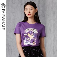 马克华菲女装2020新款夏简单动物印花紫色圆领短袖T恤女