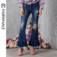 马克华菲女装2020夏新九分韩版喇叭裤流苏毛边牛仔裤