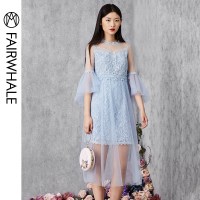 马克华菲女装2020夏网纱连衣裙喇叭袖超仙的连衣裙