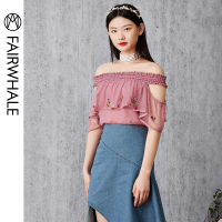 马克华菲女装2020夏超仙衬衫一字肩刺绣衬衫女露肩