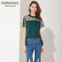 马克华菲女装 2020秋新款短袖圆领蕾丝拼接雪纺衫