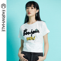 马克华菲女装2019夏季新款纯棉简约白色T恤女短袖 绑带收腰上衣