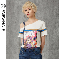 马克华菲女装2019新款夏个性斜肩白色T恤女印花修身短袖