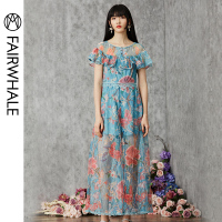 马克华菲女装2019夏新款荷叶边印花阔腿连体裤 网纱收腰