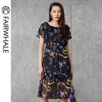 马克华菲女装短袖圆领系带收腰印花百褶连衣裙女2019夏季新款