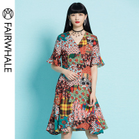马克华菲女装2019夏装新款碎花连衣裙喇叭袖V领度假风连衣裙海边