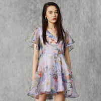 马克华菲女装 2020夏装圆领高腰网纱荷叶边连衣裙夏季中款A字裙夏