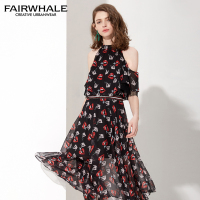 马克华菲女装2020夏露肩连衣裙不规则裙摆印花长裙女度假风