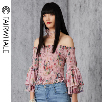 马克华菲女装2020夏装一字肩上衣女喇叭袖七分袖雪纺衫