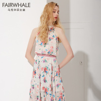 马克华菲女装2019夏新无袖收腰中长款不规则百褶连衣裙