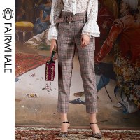 马克华菲女装2020春新款经典格子西裤高腰长裤女九分裤