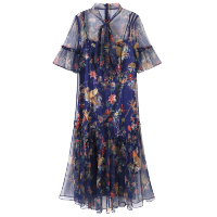 短袖连衣裙印花网纱连衣裙修身气质中长款连衣裙女