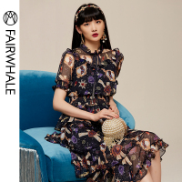 马克华菲女装2020春新款立领淑女连衣裙印花长裙蛋糕裙收腰裙子