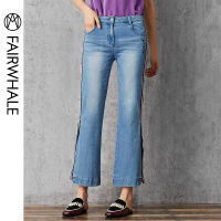 马克华菲女装2020春磨白缝边开叉微喇浅蓝色牛仔裤瘦腿长裤