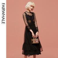 马克华菲女装2020新款春韩荷叶边连衣裙 吊带高腰中长款