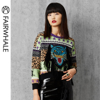 马克华菲女装2020春新款韩版短款毛衣豹纹针织衫套头衫老虎头毛衣