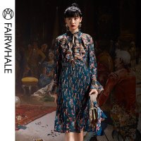 马克华菲女装2020春长袖连衣裙复古碎花高领宫廷风连衣裙