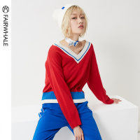 马克华菲女装2020春v领针织衫女学院风纯色针织衫套头毛衣女