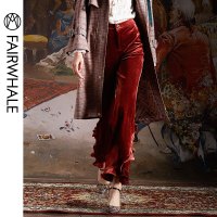 马克华菲女装2020春冬新款复古丝绒裤子女长裤荷叶边微喇