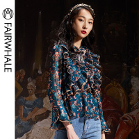 马克华菲女装2020春季新款荷叶边印花雪纺衫OL御姐风上衣