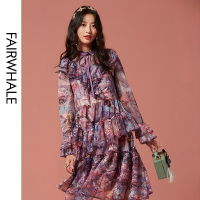 马克华菲女装2020春印花连衣裙宫廷风法式花色连衣裙商场直发