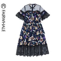 马克华菲女装2020夏复古连衣裙蕾丝边印花宫廷风连衣裙