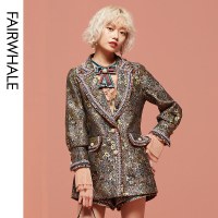 马克华菲女装2020春冬新款短款修身西装外套女复古印花