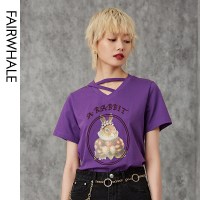 马克华菲女装2020年春夏新款粉色T恤女V领宽松短袖学生搭配上衣穿