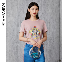 马克华菲女装2020年春夏新款粉色短袖T恤女时尚休闲圆领印花上衣