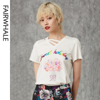 马克华菲女装2020年春夏新款白色T恤女宽松V领短袖学生搭配上衣穿