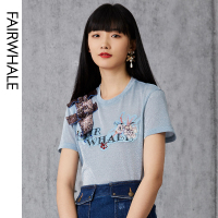 马克华菲女装2020年春夏新款蓝色短袖T恤女小众设计感心机上衣