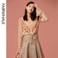 马克华菲女装2020春刺绣蕾丝衬衫上衣宫廷风喇叭袖衬衫商场直发