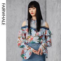 马克华菲女装2020年春夏新款印花雪纺衫女洋气时尚荷叶边露肩上衣