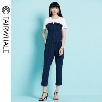 马克华菲女装2019夏装新款条纹短袖T恤直筒裤套装职业显瘦两件套