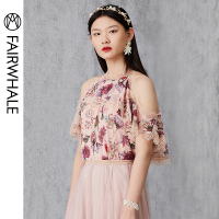 马克华菲女装2019夏新品蕾丝荷叶边连衣裙露肩短款连衣裙