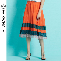 马克华菲女装2019夏新款百搭青秋百褶裙 中长款撞色半身裙