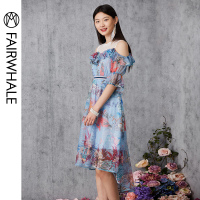 马克华菲女装2019夏印花连衣裙假两件度假风连衣裙