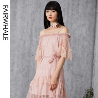 马克华菲女装2020年新款夏季温柔风连衣裙粉色一字肩不规则吊带裙