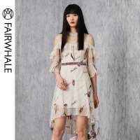 马克华菲女装2020夏新款露肩淑女纱网绣花连衣裙前短后长露膝裙子