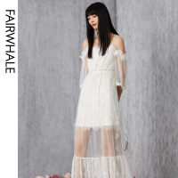 马克华菲女装2020年夏季新款一字肩吊带长裙女神范白色网纱连衣裙