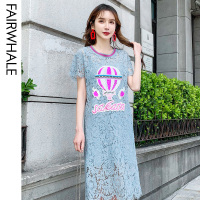 马克华菲女装2020年新款夏季蓝色连衣裙少女休闲显瘦直筒蕾丝裙子