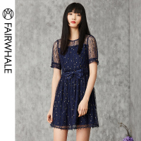 马克华菲女装2019夏季新款蝴蝶结蕾丝拼接连衣裙显瘦收腰A字裙女