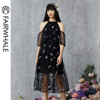 马克华菲女装挂脖式露肩网纱收腰时尚名媛连衣裙