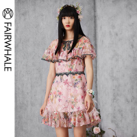 马克华菲女装2020夏新款印花勾花刺绣短款连衣裙淑女裙子