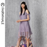 马克华菲暗紫色网纱一字肩露胸束腰中长款连衣裙淑女裙子